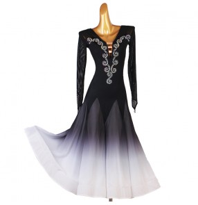 Women girls black with white gradient competition ballroom dance dress foxtrot tango waltz tango dance costumes for lady