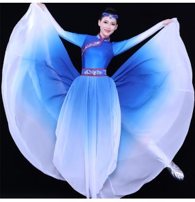 women girls blue gradient Mongolian dance dresses female art test Mongolian dance practice skirt minority style square dance big swing skirt 540 degree