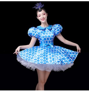 Women girls blue polka dot modern dance dresses  singers dancers dress