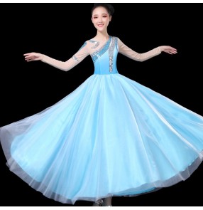 Women girls blue with silver pink  modern dance dresses choir dresses opening dance stage performance chorus dresses