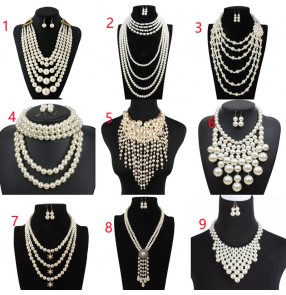 Women girls carnival party stage performance jewelry pearl necklace silver crystal long exaggerated sweater chain collar tassel multi-layer pearl necklace