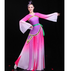 Women girls chinese folk dance costumes hanfu pink with violet classical dance dress fairy drama cosplay dresses