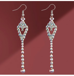 Women girls competition latin ballroom dance bling rhinestones earrings handmade stage performance jewellery accessories