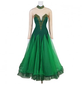 Women girls dark green rhinestones competition ballroom dance dresses waltz tango dance dresses flamenco dance dresses