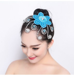 Women girls Ethnic modern dance headdress Latin Yangge dancing Hair accessories jewel flower diamond sequins classical performance head flower