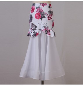 Women Girls floral ballroom Dance Skirts Stage Performance white with flowers waltz tango competition Long swing Skirt for female waltz tango dancing gown for women