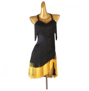 Women girls fringe black with yellow red blue latin dance dress halter neck tassels competition salsa chacha latin performance costumes for women