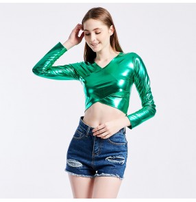 Women girls green silver gold red Patent Leather glitter jazz hiphop dance cropped tops Cross V-Neck Long Sleeve gogo dancers Dance Navel T-Shirt for lady