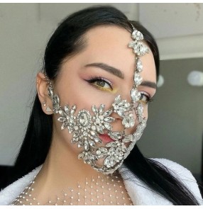 Women girls Halloween rhinestone silver bling masks for stage performance crystal masquerade mask party cosplay accessories belly dance photos video shooting mask
