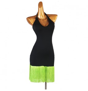 Women girls halter neck green fringed Latin dance dress latin skirts black performance dress rumba chacha samba dance dress