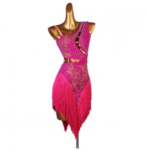 Women girls hot pink fuchsia fringed dimond competition latin dance dress latin skirts rumba salsa chacha dance dress for female