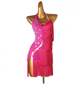 Women girls hot pink fuchsia rhinestones tassels competition latin dance dresses modern rumba salsa chacha dance costumes for female latin dance costumes for woman