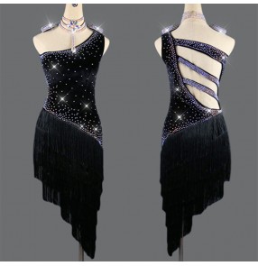 Women girls kids black velvet competition tassels latin dance dresses with diamond professional rumba salsa chacha dance backless bling dress for girl