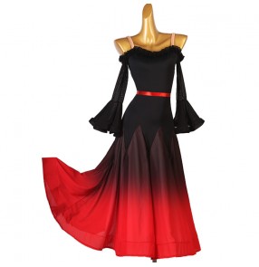 Women girls kids black with red gradient color ballroom dancing dresses stage performance professional waltz tango flamenco foxtrot smooth dance long dress swing skirts