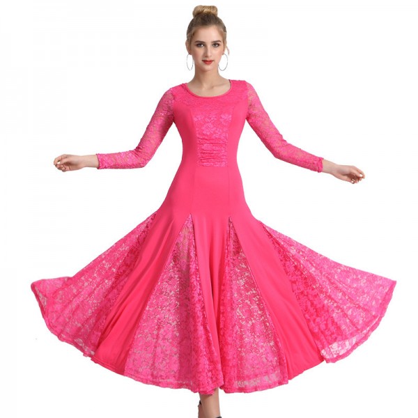 Women girls lace ballroom dance dresses blue pink black red modern