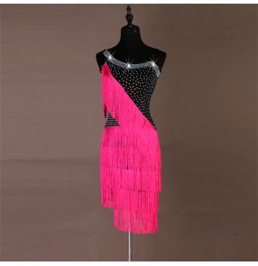 Women girls latin dance dress pink with black rhinestones competition performance rumba chacha salsa dance skirt dress