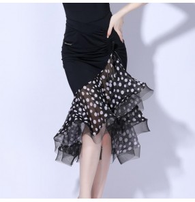 Women girls Latin dance skirt Polka dot print Latin rumba salsa chacha dance skirt sexy bag hip slit Rumba art test fishtail skirt for female