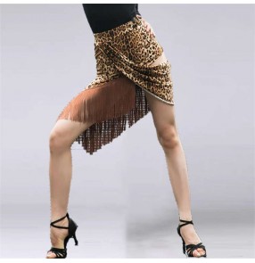 Women girls leopard black fringed latin dance skirts salsa rumba chacha dance skirts stage performance sexy latin dance costumes for female