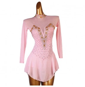 Women girls Light pink rhinestones competition latin dance dresses long sleeves stage performance rumba salsa chacha skating dance dresses