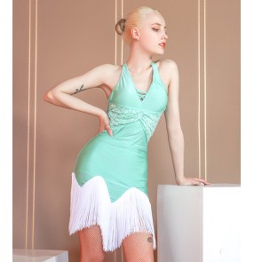 Women girls mint with white fringed latin dance dresses sleeveless halter neck lace salsa rumba chacha dance dresses for female