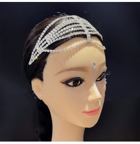 Women girls Modern Ballroom Latin dance rhinestones headdress head chain  elastic headband adult children dance diamond bling hairband