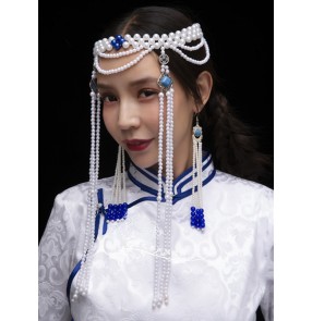 Women girls Mongolian dance headdress jewelry Ladies chinese folk dance performance headwear Handmade Mongolian robe accessories with long fringe