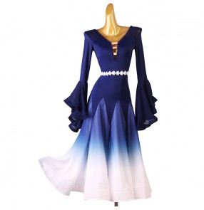 Women girls navy blue gradient colored ballroom dance dress waltz tango flamenco stage performance dress for female