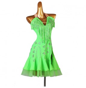 Women girls neon green competition fringed latin dance dresses salsa rumba chacha dance skirts stage performance latin dance costumes