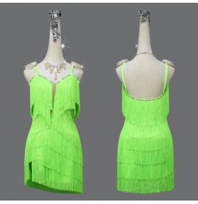 Women girls Neon green Tassels Competition Latin Dance Dresses Salsa Rumba Cha Cha Performance Skirts Ballroom Dance Costumes For Female