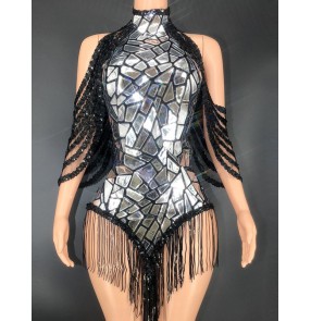 Women girls Nightclub mirror leather silver black jazz dance fringed bling bodysuits sleeveless sexy backless Jumpsuits female singer DjDs gogo Dancer jazz dance costumes