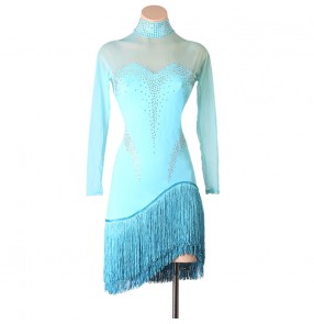 Women girls orange aqua black white blue tassels ballroom latin dance dresses turtle neck backless long sleeves salsa rumba cha cha dance outfits for female