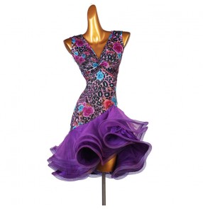 Women girls purple flowers leopard Latin dance dress sleeveless latin skirts with straps salsa chacha dance dress performance competition suit