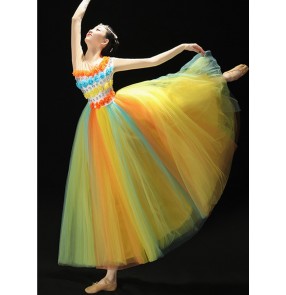 Women girls rainbow petals flamenco dance dress paso double spanish bull dance long dress opening dance ballroom performance dress for female