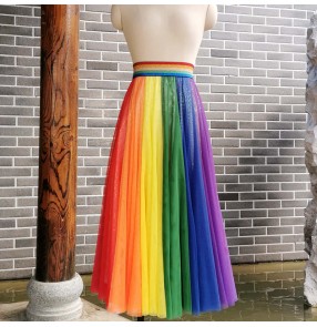 Women girls rainbow tulle colorful ballroom dance skirts modern waltz tango foxtrot smooth dance evening party model show singers long shiny skirts