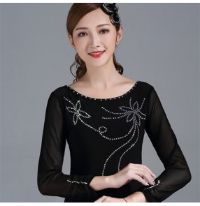 Women girls red black gemstones competition latin ballroom dance tops modern waltz tango flamenco practice dance blouses shirt for lady