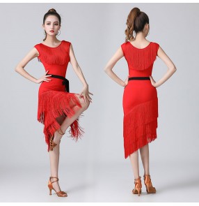 Women girls red black layer tassels latin dance dresses irregular skirts salsa rumba cha cha performance ballroom dancing costumes for female