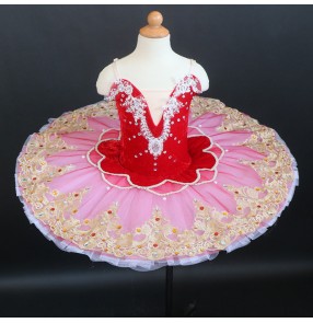 Women girls Red Flower Fairy Ballet dance dress tutu skirt adult ballerina Ballet Sling Puffy Sleeping Beauty Group Performance Costume ballet Stage performance Dress