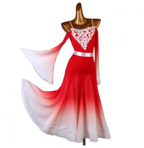 Women girls red gradient lace ballroom dance dresses long sleeves waltz tango ballroom dance gown for female 