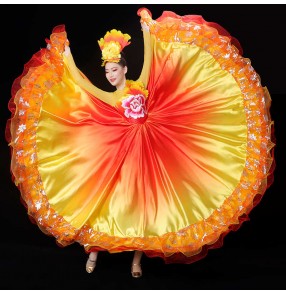 Women girls red pink petal Spanish flamenco dance dresses opening dance Spanish bull dance big swing skirts stage performance ballroom gown