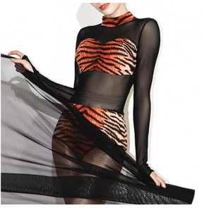 Women girls red tiger with black mesh latin ballroom dance bodysuits modern waltz tango salsa chacha dance catsuits tops performance jumpsuits for lady