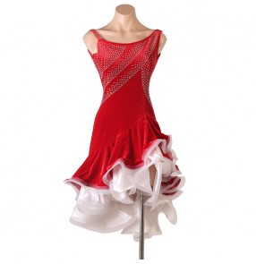 Women girls red velvet latin dance dresses with gemstones salsa rumba chacha performance costumes for female