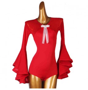 Women girls red white flamenco ballroom dance bodysuits top female stage performance flare long sleeves latin modern dance tops 