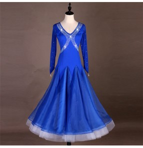 Women girls royal blue black ballroom dancing dresses female stage performance waltz tango dance dress skirts costumes