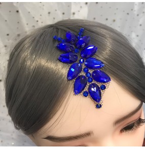 Women girls royal blue rhinestones ballroom latin dance competition handmade headdress modern dance solo singers stage performance  hair accessories 