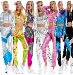 Women girls silver gold green sequined Hip-hop street jazz Dance costumes gogo dancers stage performance clothing paillette hooded sweater patchwork tops and pants