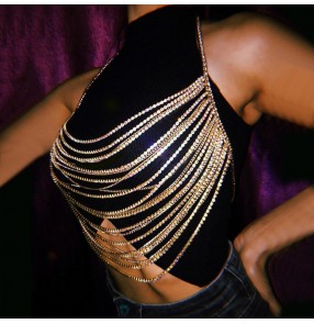 Women girls silver gold rhinestones jazz dance gogo dancers body necklace Ladies nightclub bar performance Vest prom masquerade party Crystal Strap Chest Chain