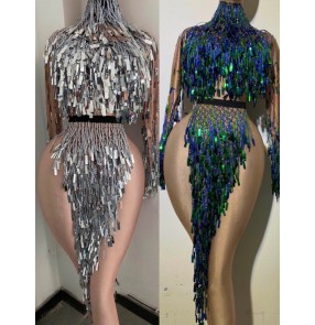 Women girls silver green fringed sequined jazz dance jumpsuits Latin GoGo Dancewear Ds dance outfits Sparkling bling rompers solo singers concert tassels Slip Dress
