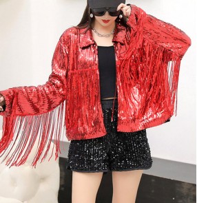 Women girls silver royal blue red gold sequined jazz dance tassels coats gogo dancers singers anchor solo concert performance bling sequined fringed jackets