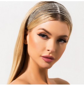 Women girls solo concert event singers stage performance bling headband Ladies Fashion Elasticity Multi-layer silver rhinestone hairband hair accessories