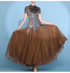 Women girls Velvet brown leopard printed ballroom dance dress short sleeves waltz tango foxtrot dance dress modern dance skirt National standard dance dress waltz gown